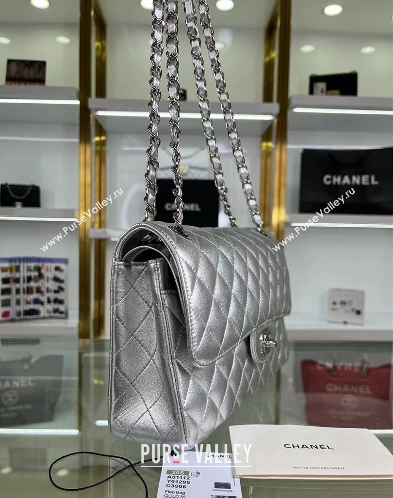 Chanel Metallic Calfskin Medium Flap Bag A01112 Silver 2024 0311 (YEZI-240311040)