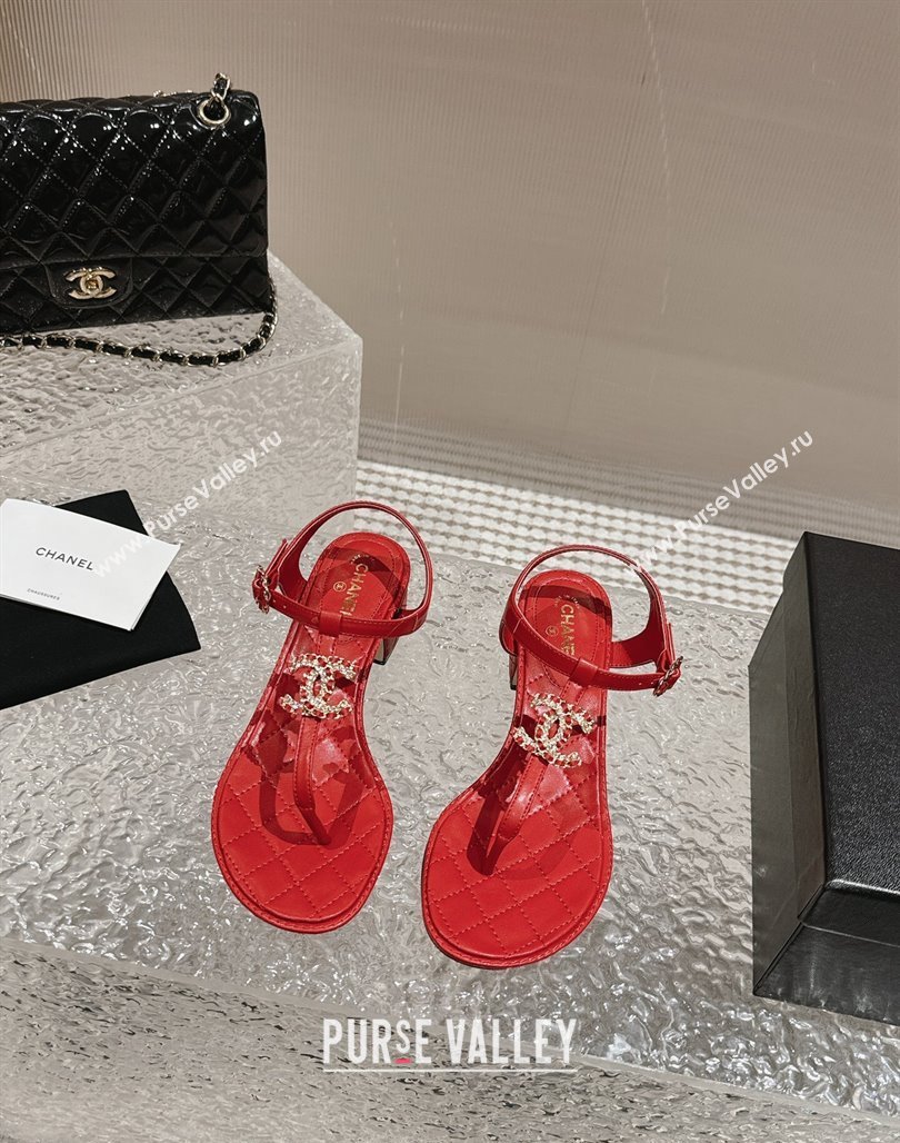 Chanel Lambskin Heel Thong Sandals 4.5cm with Chain CC and Crystals Red 2024 0322 (MD-240322095)