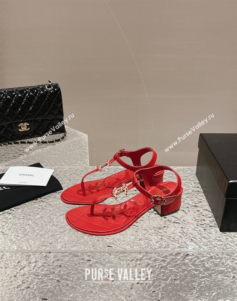 Chanel Lambskin Heel Thong Sandals 4.5cm with Chain CC and Crystals Red 2024 0322 (MD-240322095)