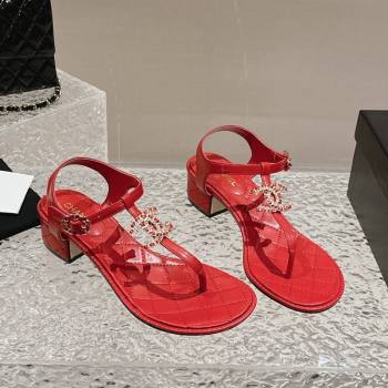 Chanel Lambskin Heel Thong Sandals 4.5cm with Chain CC and Crystals Red 2024 0322 (MD-240322095)