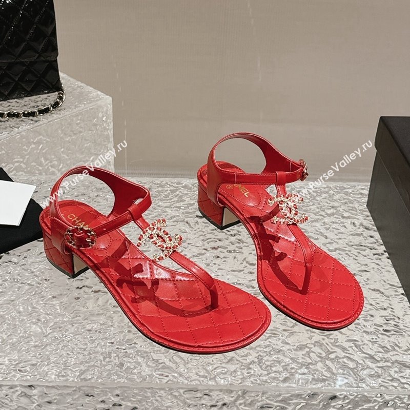 Chanel Lambskin Heel Thong Sandals 4.5cm with Chain CC and Crystals Red 2024 0322 (MD-240322095)