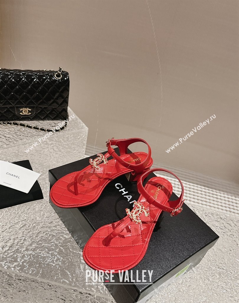 Chanel Lambskin Heel Thong Sandals 4.5cm with Chain CC and Crystals Red 2024 0322 (MD-240322095)