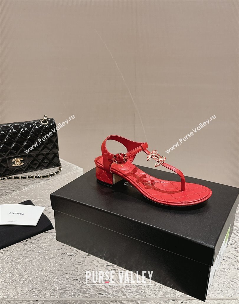 Chanel Lambskin Heel Thong Sandals 4.5cm with Chain CC and Crystals Red 2024 0322 (MD-240322095)