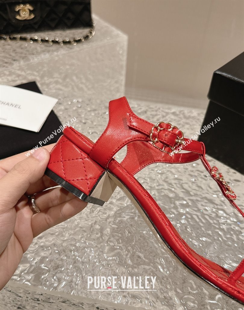 Chanel Lambskin Heel Thong Sandals 4.5cm with Chain CC and Crystals Red 2024 0322 (MD-240322095)