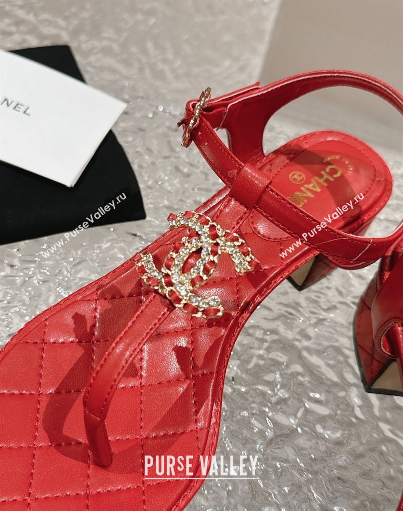 Chanel Lambskin Heel Thong Sandals 4.5cm with Chain CC and Crystals Red 2024 0322 (MD-240322095)