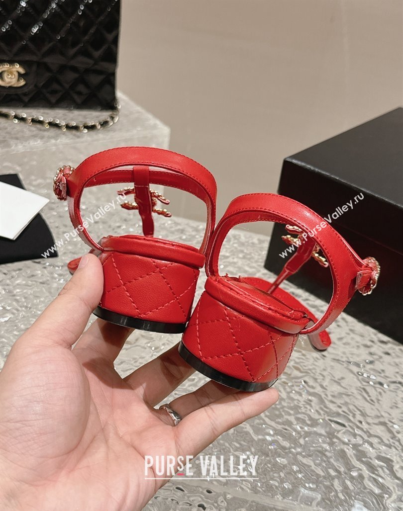 Chanel Lambskin Heel Thong Sandals 4.5cm with Chain CC and Crystals Red 2024 0322 (MD-240322095)