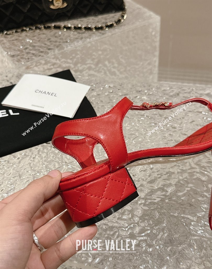 Chanel Lambskin Heel Thong Sandals 4.5cm with Chain CC and Crystals Red 2024 0322 (MD-240322095)