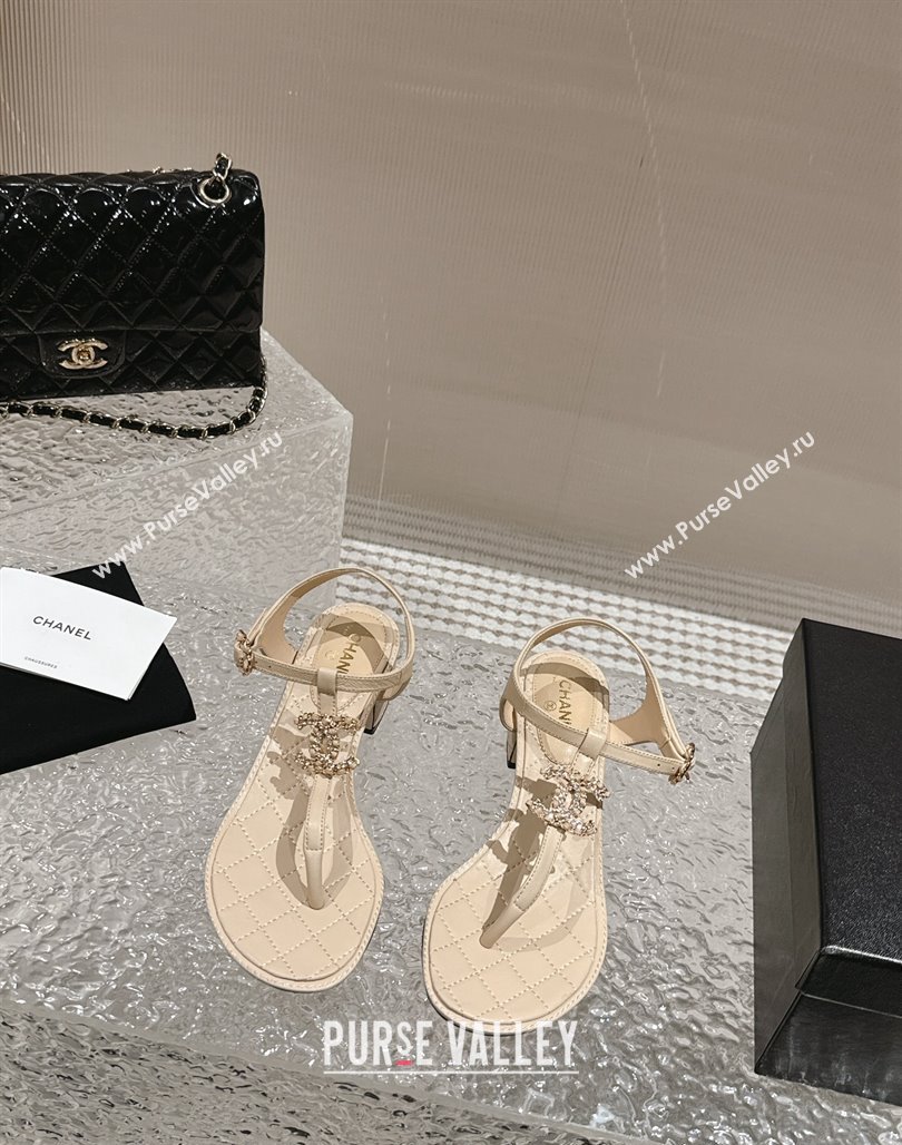 Chanel Lambskin Heel Thong Sandals 4.5cm with Chain CC and Crystals Beige 2024 0322 (MD-240322097)