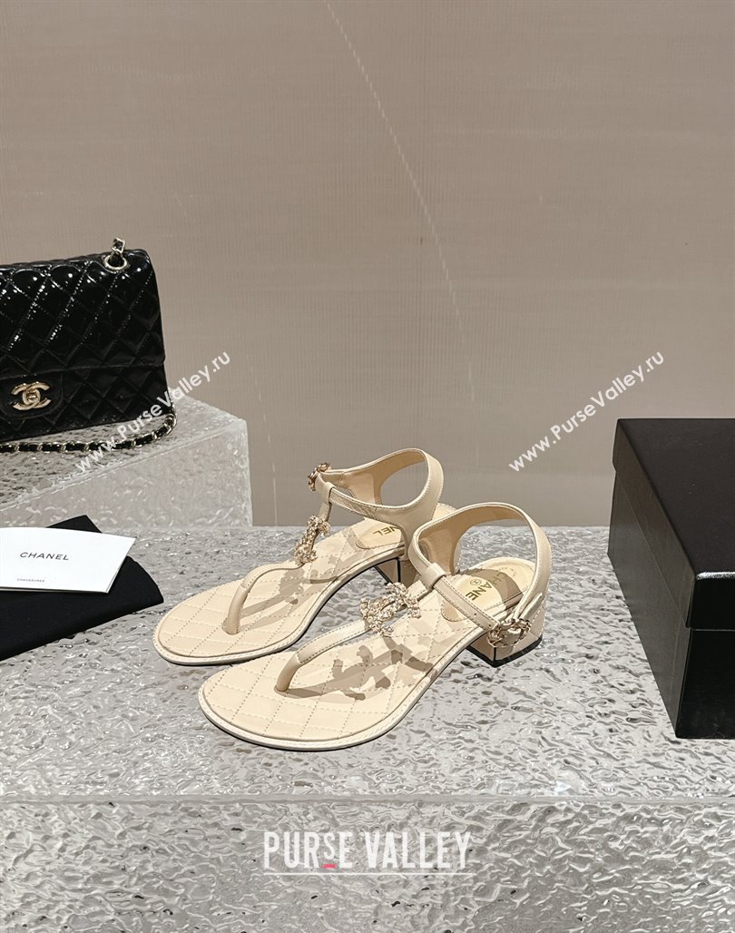 Chanel Lambskin Heel Thong Sandals 4.5cm with Chain CC and Crystals Beige 2024 0322 (MD-240322097)