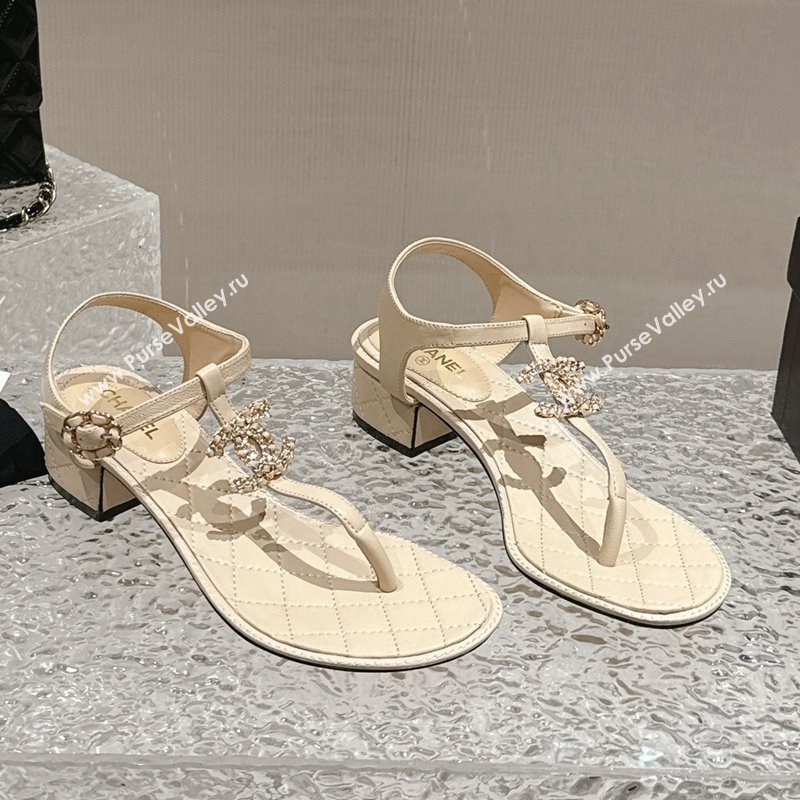 Chanel Lambskin Heel Thong Sandals 4.5cm with Chain CC and Crystals Beige 2024 0322 (MD-240322097)