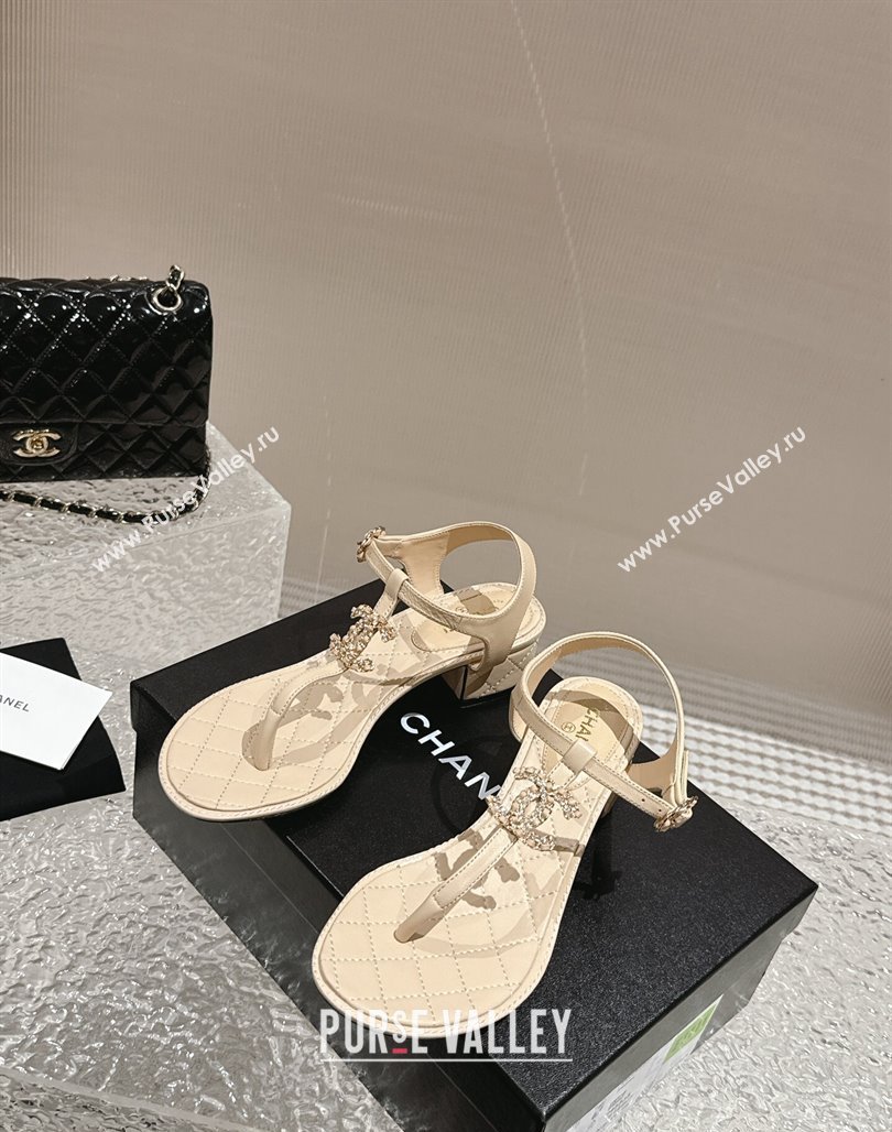 Chanel Lambskin Heel Thong Sandals 4.5cm with Chain CC and Crystals Beige 2024 0322 (MD-240322097)