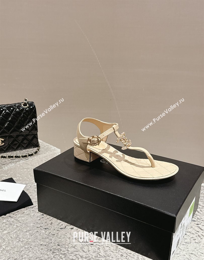 Chanel Lambskin Heel Thong Sandals 4.5cm with Chain CC and Crystals Beige 2024 0322 (MD-240322097)