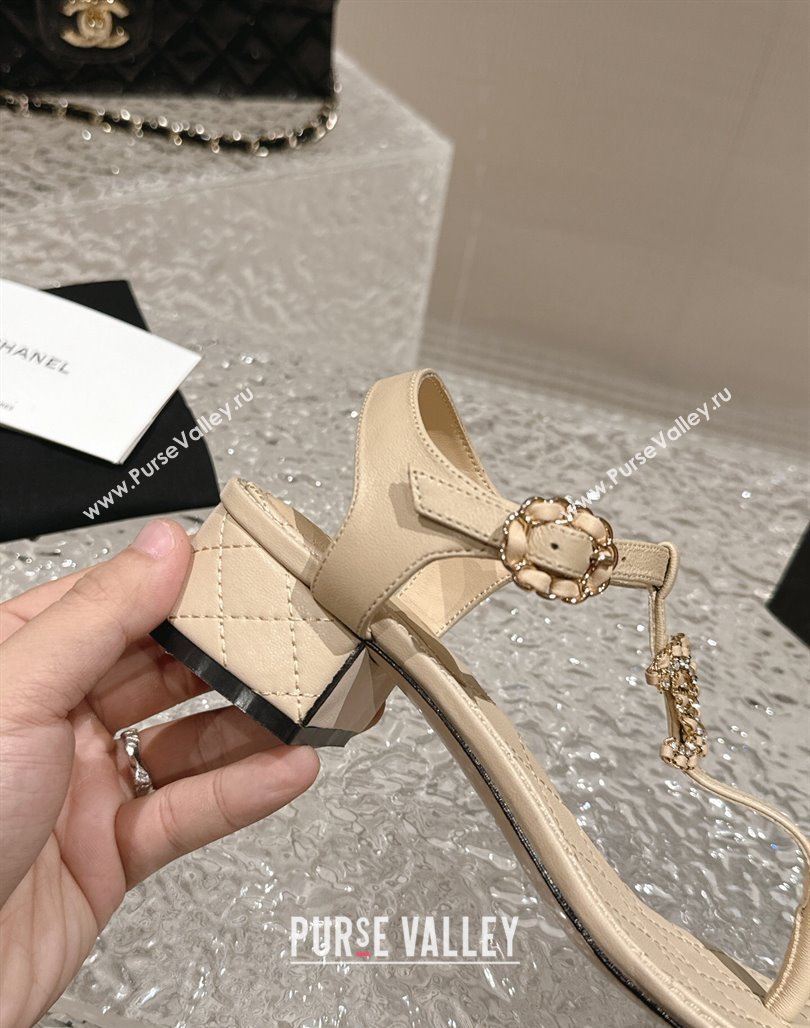 Chanel Lambskin Heel Thong Sandals 4.5cm with Chain CC and Crystals Beige 2024 0322 (MD-240322097)