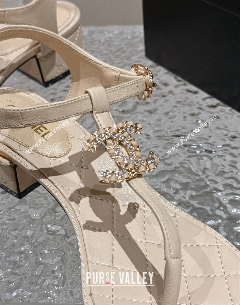 Chanel Lambskin Heel Thong Sandals 4.5cm with Chain CC and Crystals Beige 2024 0322 (MD-240322097)