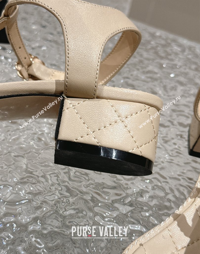 Chanel Lambskin Heel Thong Sandals 4.5cm with Chain CC and Crystals Beige 2024 0322 (MD-240322097)