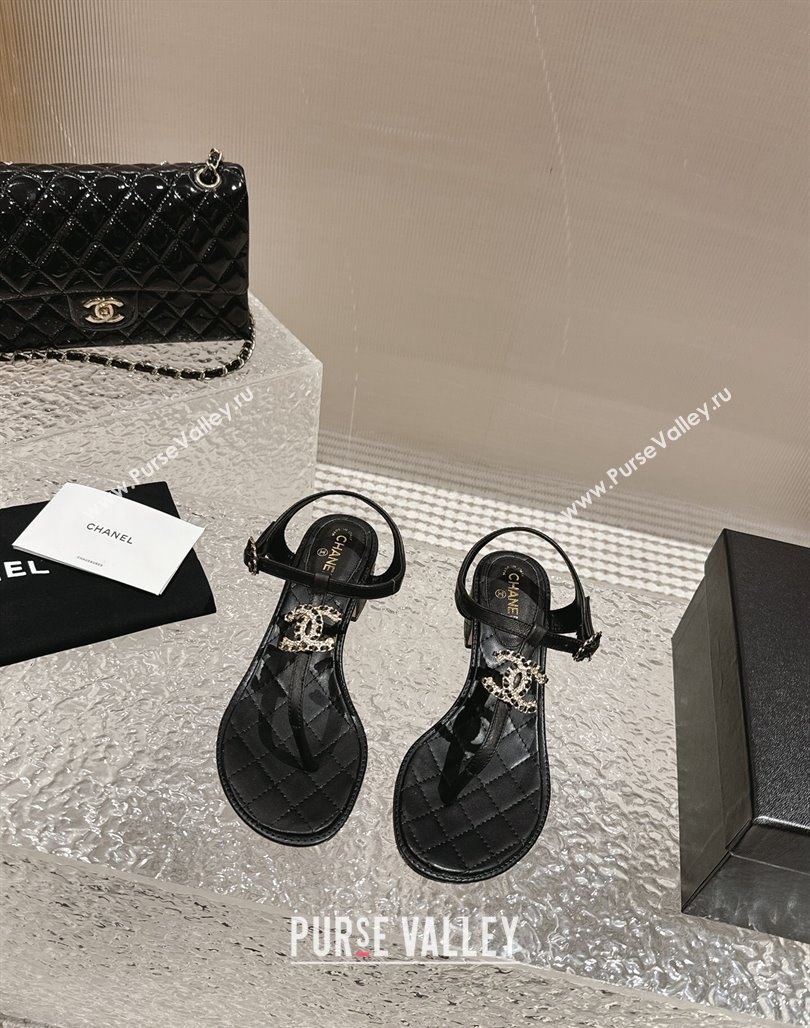 Chanel Lambskin Heel Thong Sandals 4.5cm with Chain CC and Crystals Black 2024 0322 (MD-240322098)