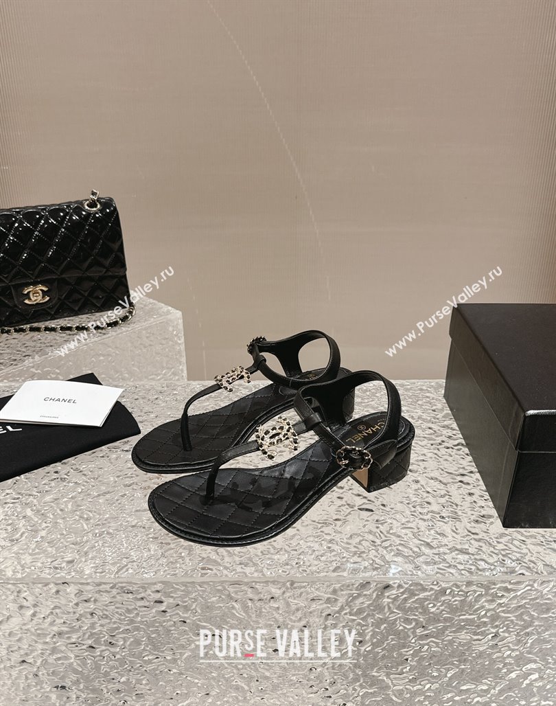 Chanel Lambskin Heel Thong Sandals 4.5cm with Chain CC and Crystals Black 2024 0322 (MD-240322098)