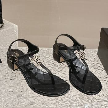 Chanel Lambskin Heel Thong Sandals 4.5cm with Chain CC and Crystals Black 2024 0322 (MD-240322098)