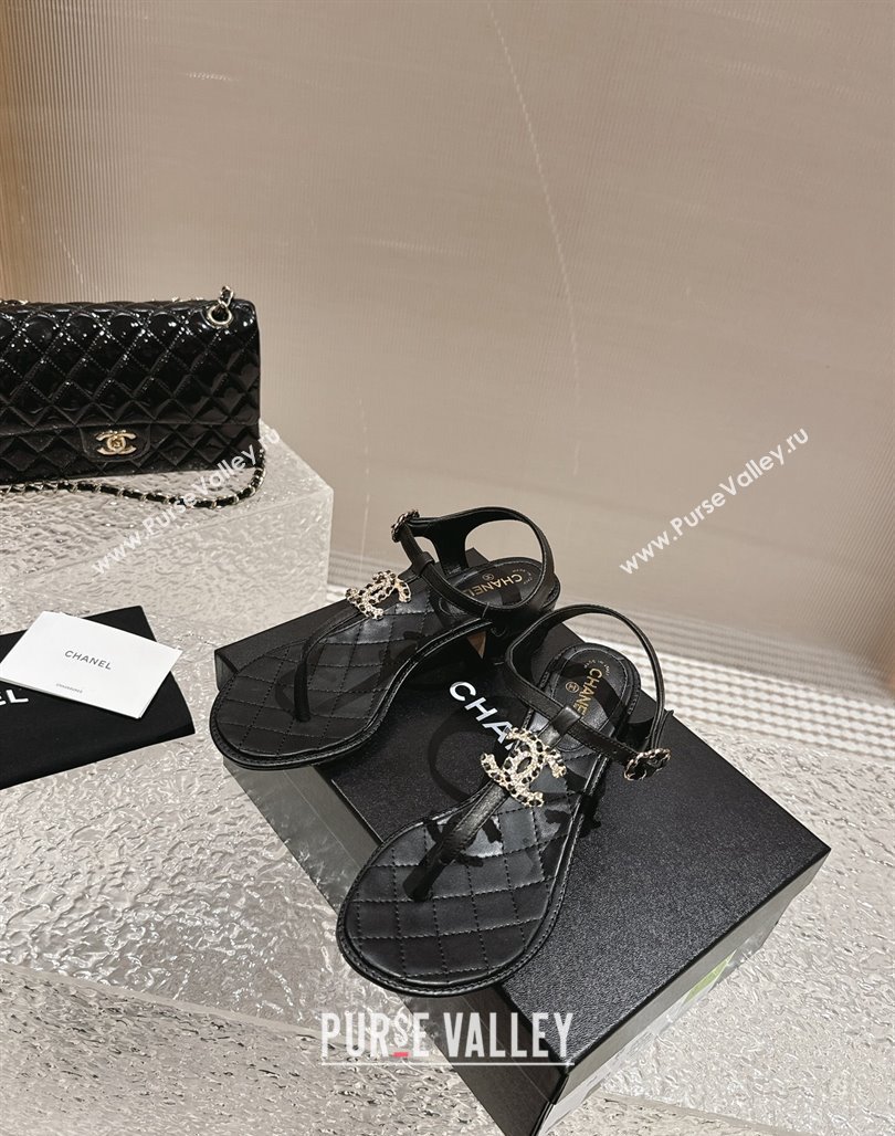 Chanel Lambskin Heel Thong Sandals 4.5cm with Chain CC and Crystals Black 2024 0322 (MD-240322098)