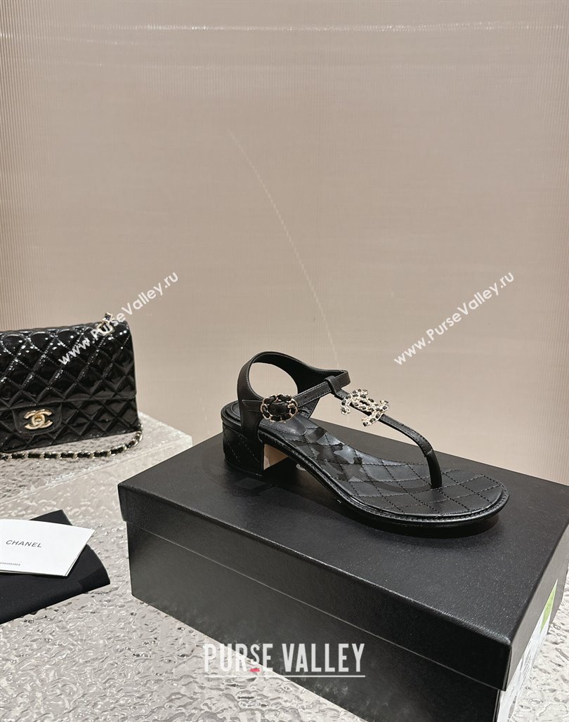 Chanel Lambskin Heel Thong Sandals 4.5cm with Chain CC and Crystals Black 2024 0322 (MD-240322098)