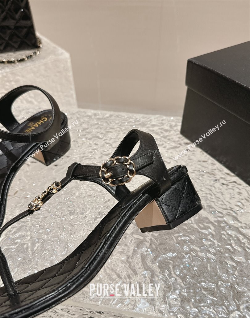 Chanel Lambskin Heel Thong Sandals 4.5cm with Chain CC and Crystals Black 2024 0322 (MD-240322098)