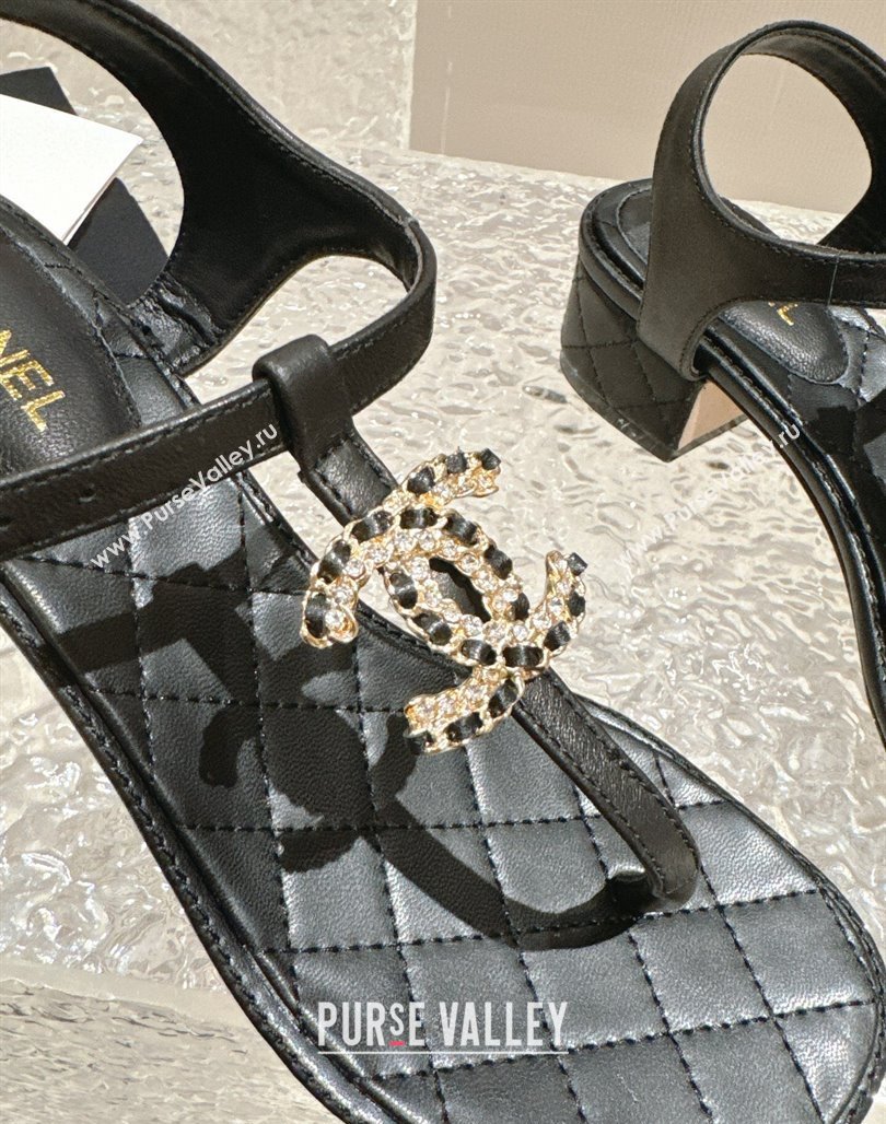 Chanel Lambskin Heel Thong Sandals 4.5cm with Chain CC and Crystals Black 2024 0322 (MD-240322098)