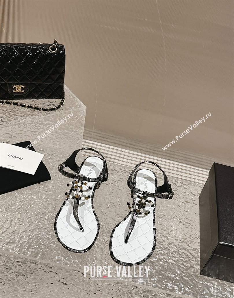 Chanel Suede and Laminated Heel Thong Sandals 4.5cm with Stone CC Black 2024 0322 (MD-240322099)