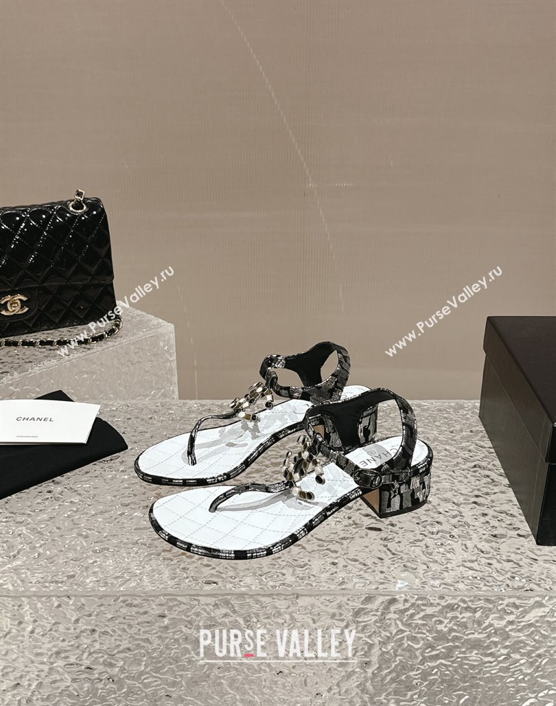 Chanel Suede and Laminated Heel Thong Sandals 4.5cm with Stone CC Black 2024 0322 (MD-240322099)