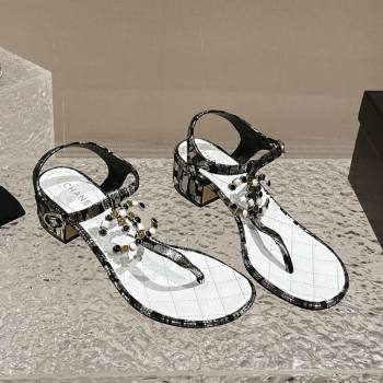 Chanel Suede and Laminated Heel Thong Sandals 4.5cm with Stone CC Black 2024 0322 (MD-240322099)