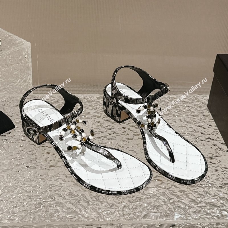 Chanel Suede and Laminated Heel Thong Sandals 4.5cm with Stone CC Black 2024 0322 (MD-240322099)