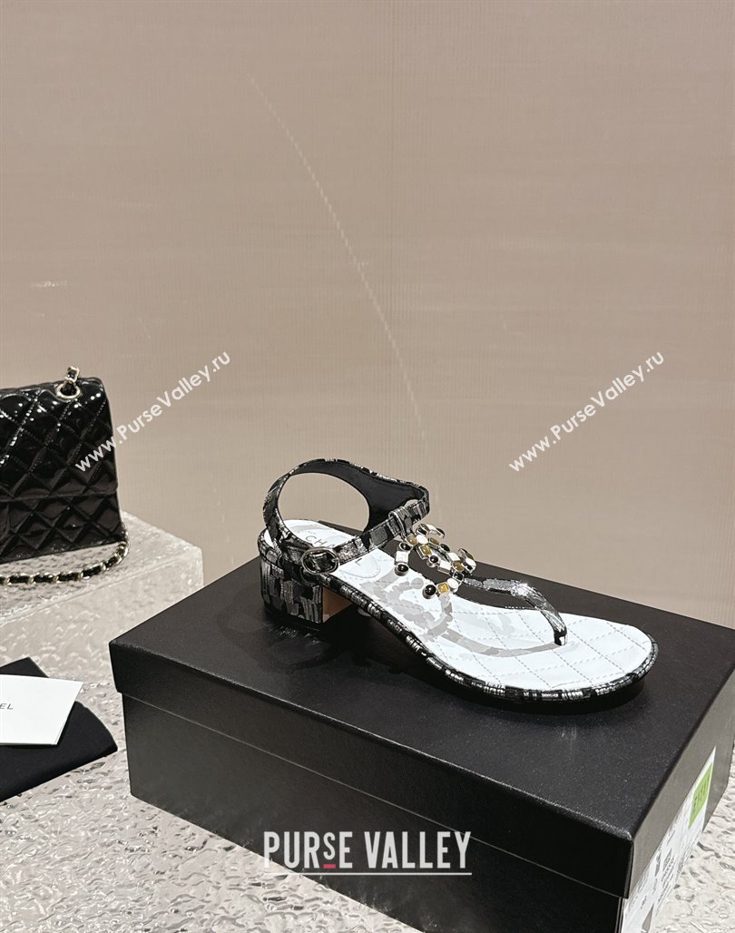 Chanel Suede and Laminated Heel Thong Sandals 4.5cm with Stone CC Black 2024 0322 (MD-240322099)