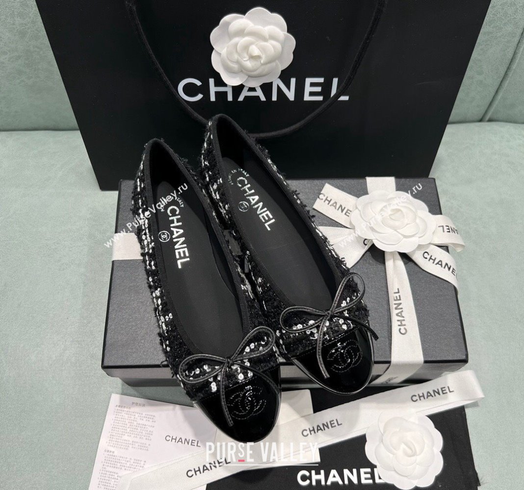 Chanel Classic Tweed Ballet Flat Black/White 2 2024 0325 (SS-240325031)