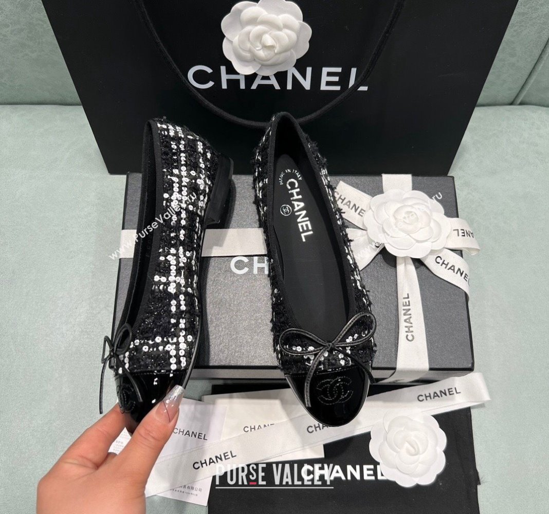 Chanel Classic Tweed Ballet Flat Black/White 2 2024 0325 (SS-240325031)