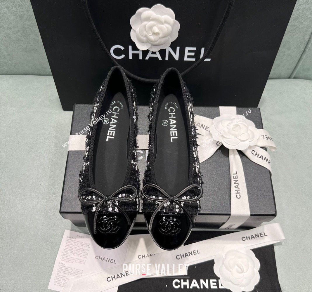 Chanel Classic Tweed Ballet Flat Black/White 2 2024 0325 (SS-240325031)