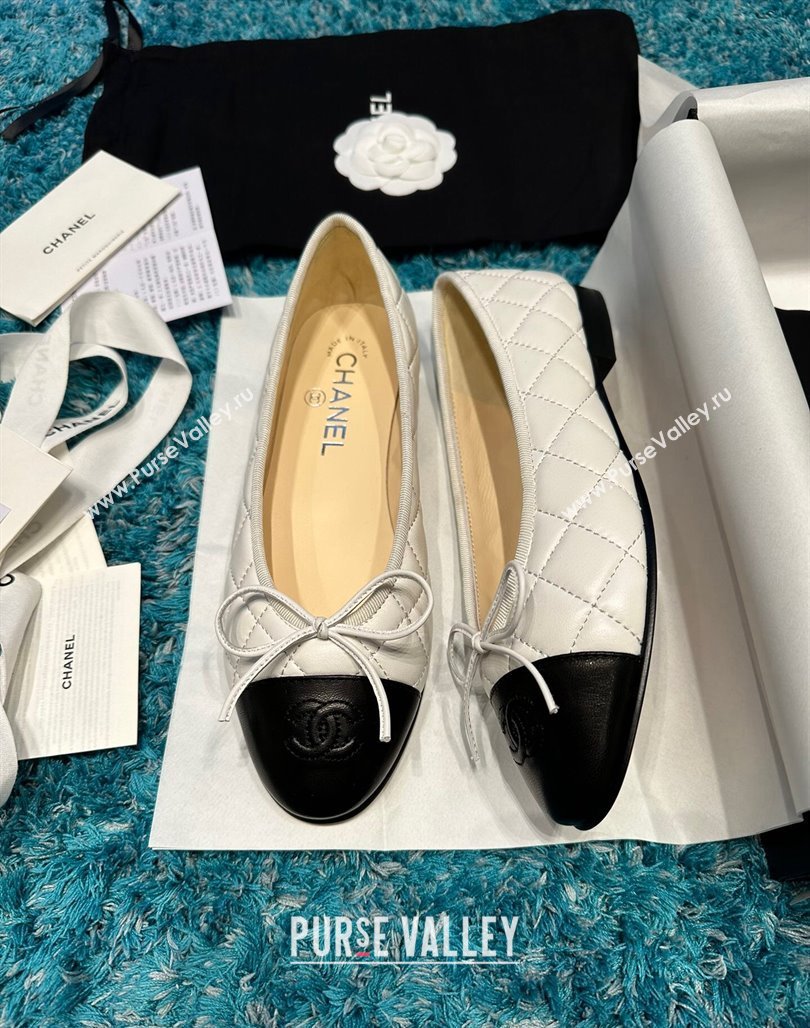 Chanel Classic Quilted Leather Ballet Flat White/Black 5 2024 0325 (SS-240325035)