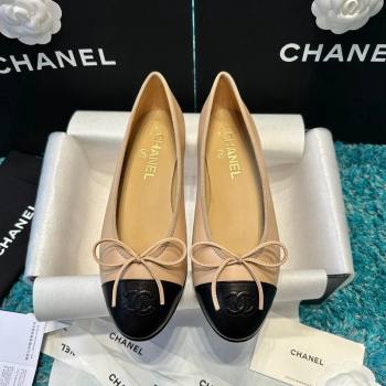 Chanel Classic Calfskin Leather Ballet Flat Beige/Black 2024 0325 (SS-240325029)