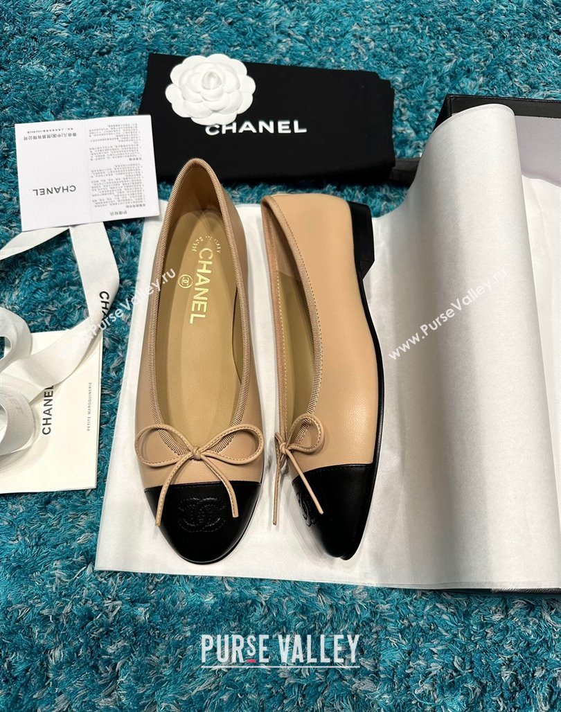 Chanel Classic Calfskin Leather Ballet Flat Beige/Black 2024 0325 (SS-240325029)