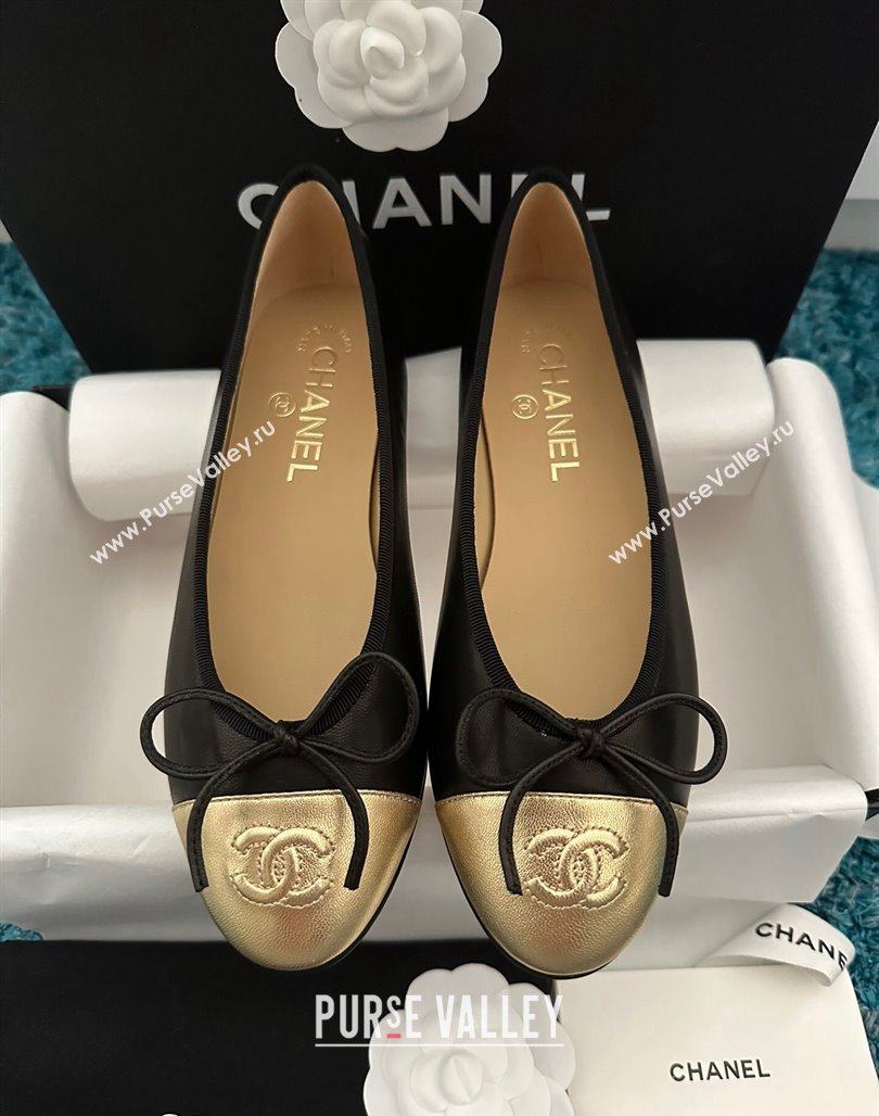 Chanel Classic Calfskin Leather Ballet Flat Black/Gold 2024 0325 (SS-240325037)