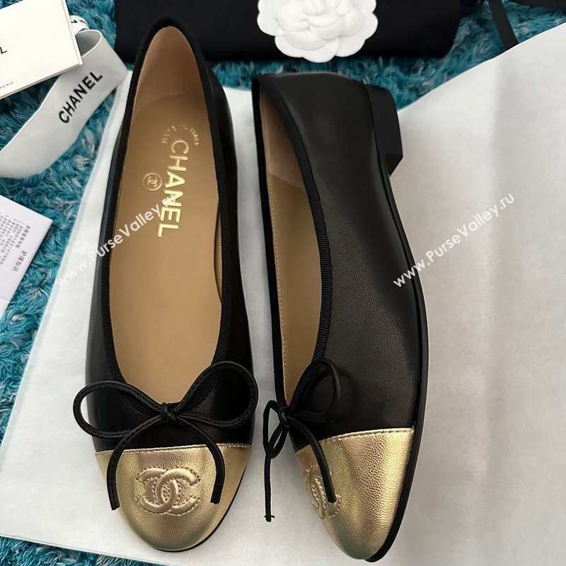 Chanel Classic Calfskin Leather Ballet Flat Black/Gold 2024 0325 (SS-240325037)