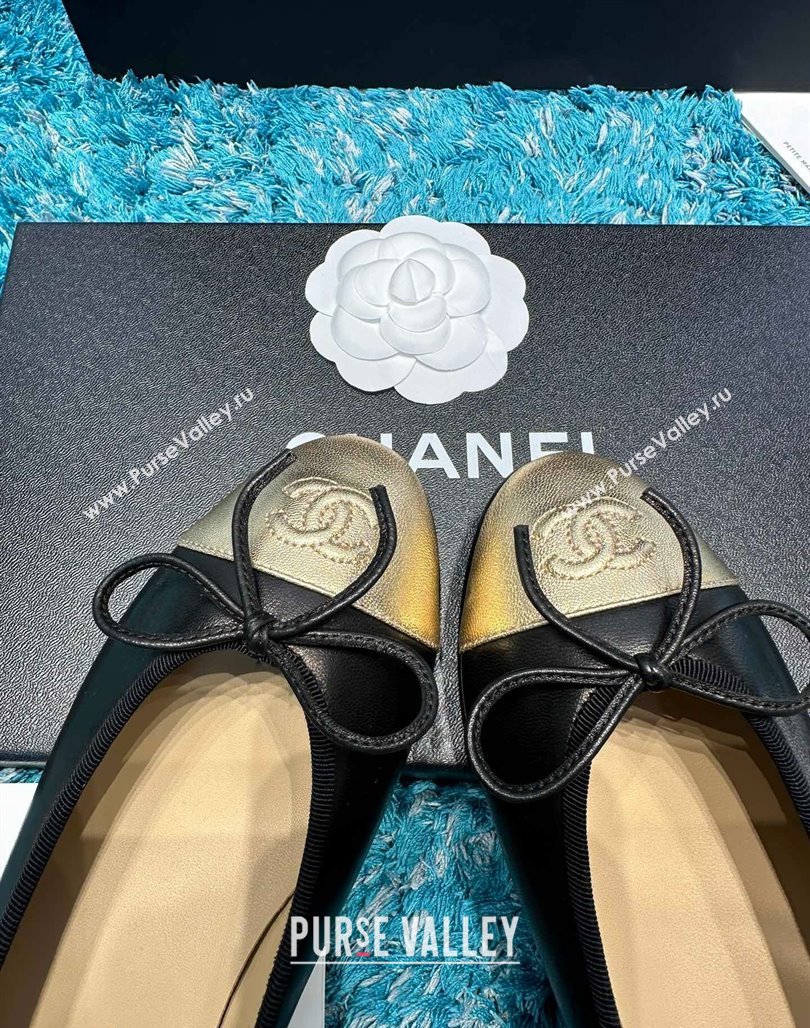 Chanel Classic Calfskin Leather Ballet Flat Black/Gold 2024 0325 (SS-240325037)