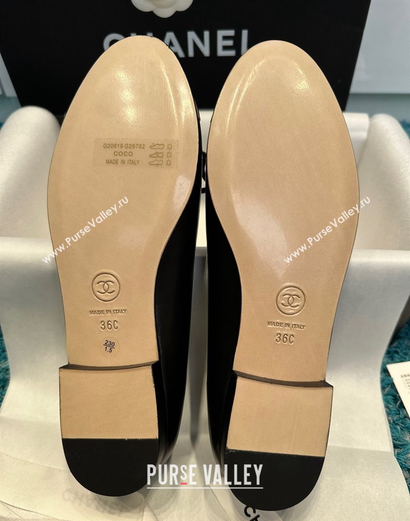 Chanel Classic Calfskin Leather Ballet Flat Black/Gold 2024 0325 (SS-240325037)