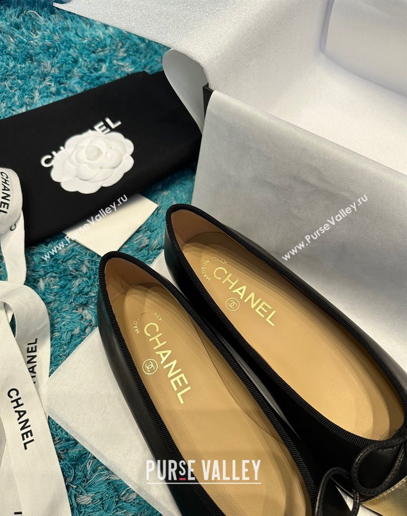 Chanel Classic Calfskin Leather Ballet Flat Black/Gold 2024 0325 (SS-240325037)