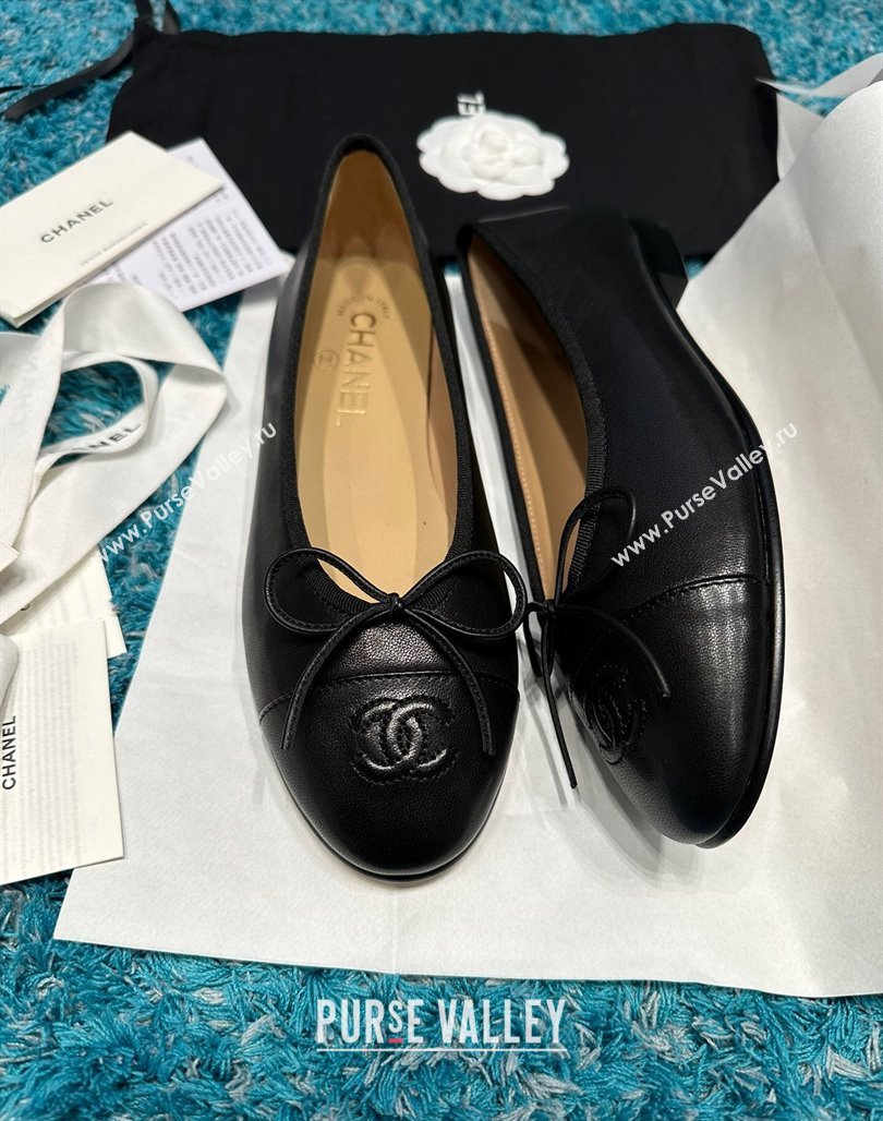 Chanel Classic Grained Calfskin Leather Ballet Flat Black 2024 0325 (SS-240325040)