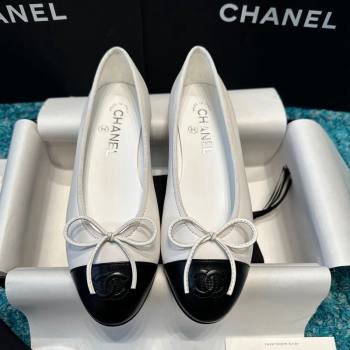 Chanel Classic Calfskin Leather Ballet Flat White/Black 2 2024 0325 (SS-240325041)