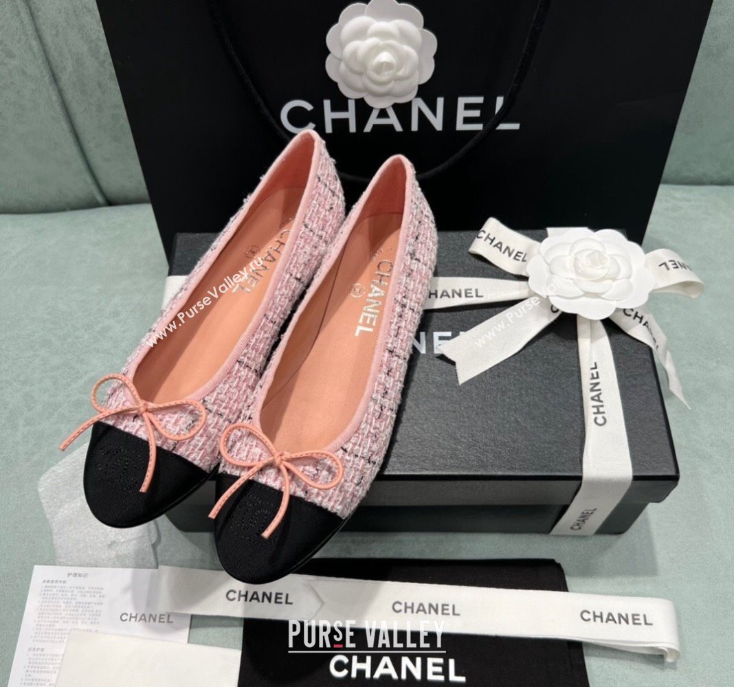 Chanel Classic Tweed Ballet Flat Pink/Black 2024 0325 (SS-240325051)