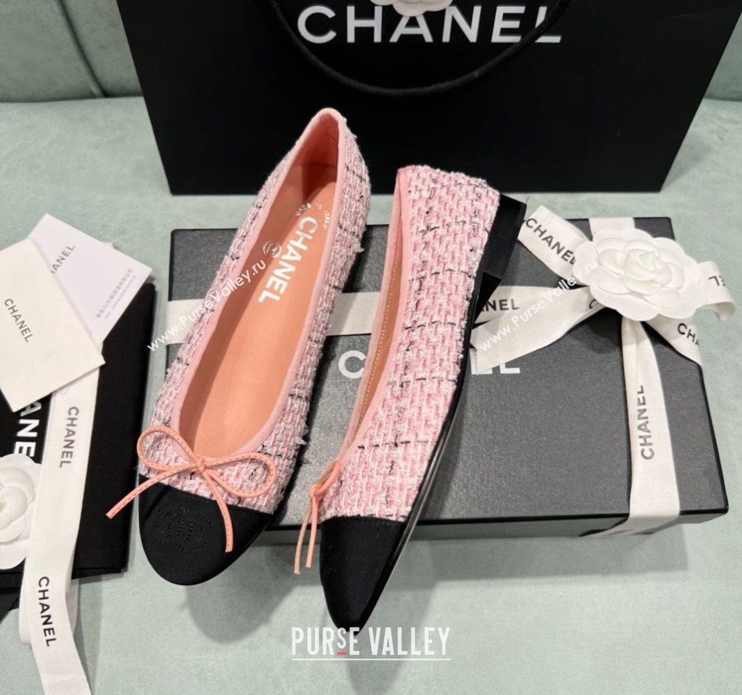 Chanel Classic Tweed Ballet Flat Pink/Black 2024 0325 (SS-240325051)