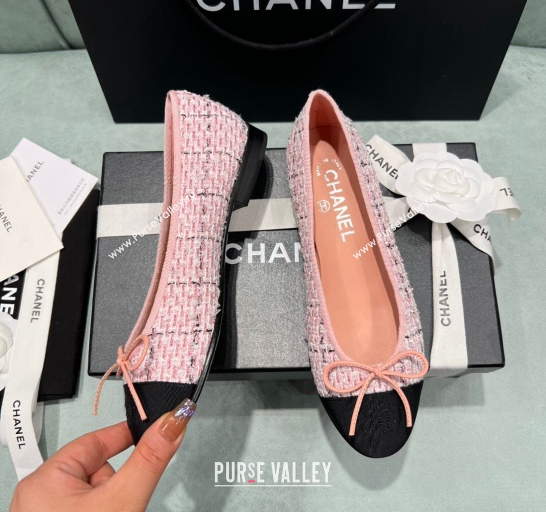 Chanel Classic Tweed Ballet Flat Pink/Black 2024 0325 (SS-240325051)