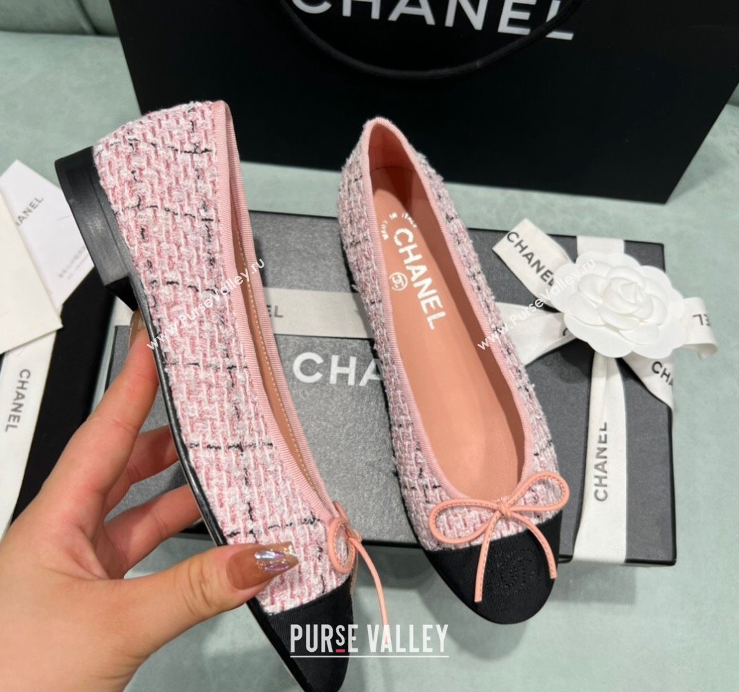 Chanel Classic Tweed Ballet Flat Pink/Black 2024 0325 (SS-240325051)