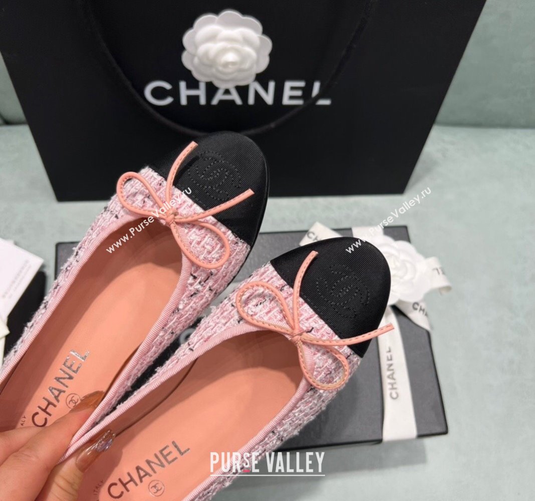 Chanel Classic Tweed Ballet Flat Pink/Black 2024 0325 (SS-240325051)