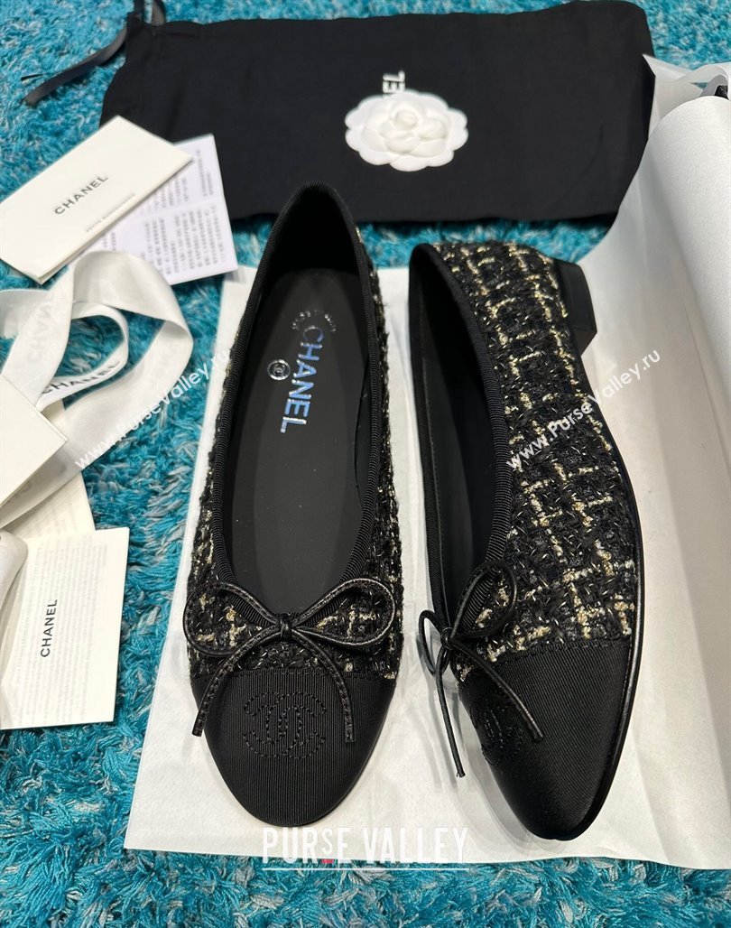 Chanel Classic Tweed GrosgrainBallet Flat Black/Gold 2024 0325 (SS-240325052)